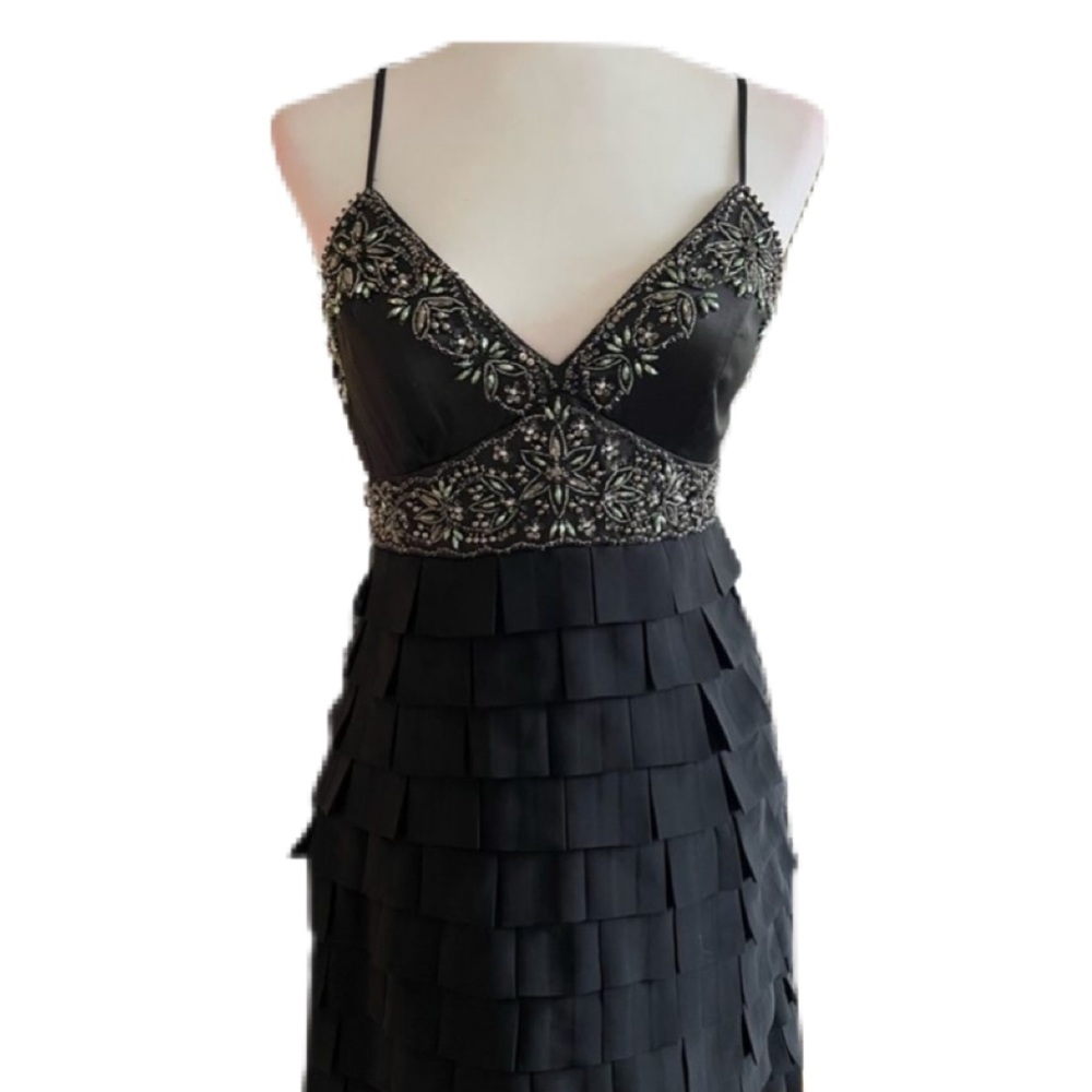 NWT Sue Wong Black Crystal and Bead Embellished Spaghetti Strap Dress